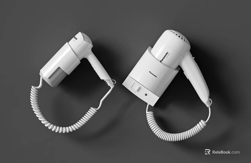 White Hair Dryers Wall Mounted With Coiled Cords On Grey Background 3d model 