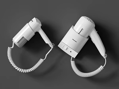 White Hair Dryers Wall Mounted With Coiled Cords On Grey Background 3d model
