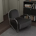 Black Leather Accent Chair With Metal Frame Striped Design On Rug And Bookshelf Wooden Floor