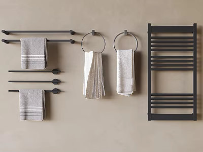 Soft Striped Gray White Towels Hanging On Black Towel Racks And Rings Against Beige Wall 3d model