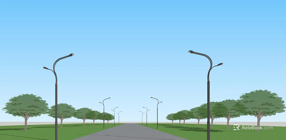 Outdoor Street Lights Illuminating Road With Trees On Both Sides Under Blue Sky 3d model 