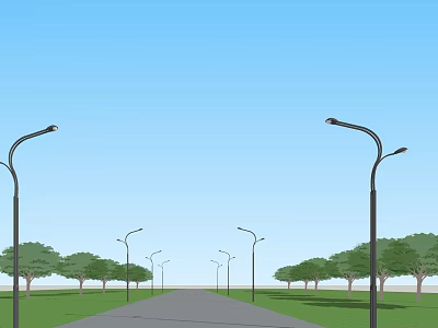 Outdoor Street Lights Illuminating Road With Trees On Both Sides Under Blue Sky 3d model