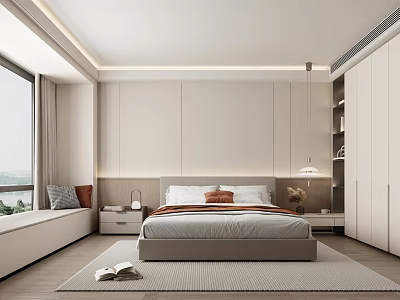 Modern Minimalist Bedroom With Recessed Ceiling Lighting Window Seat Nightstands White Wardrobes And Wooden Flooring 3d model