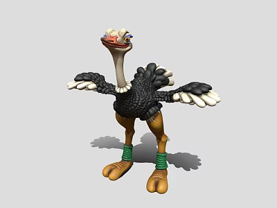 Cartoon Style Ostrich Game Movie Character With Outstretched Wings Green Wristbands Brown Legs 3d model