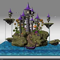 Cartoon Scene With Purple Castle Floating Islands Spiral Staircase Colorful Plants Small Boat Blue Water