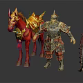 Armored Warrior With Ornate Red Horse And Golden Decorations And Sword