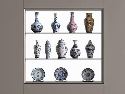 Decorative Ceramic Vases with Blue White Patterns Displayed on Three Tiered Shelves 3d model