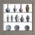Decorative Ceramic Vases with Blue White Patterns Displayed on Three Tiered Shelves 3d model