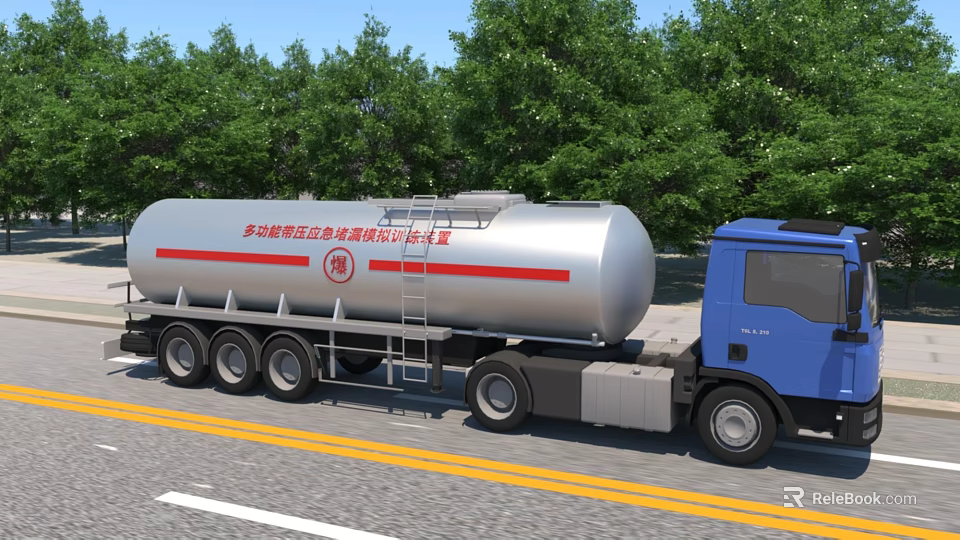 Tanker Truck Moving On Road With Silver Tank Red Stripes And Green Trees Background 3d model 