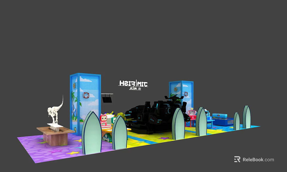 Vibrant Playground Booth Featuring Hetalin Black Equipment Blue Display Boards Green Seats And Colorful Floor 3d model 