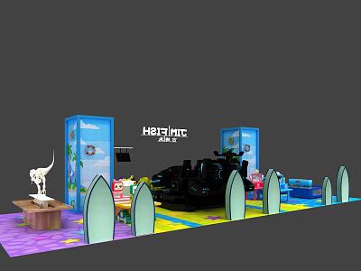 Vibrant Playground Booth Featuring Hetalin Black Equipment Blue Display Boards Green Seats And Colorful Floor 3d model