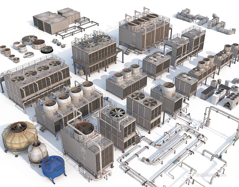 Large Scale Industrial Equipment With Cooling Towers Piping Systems And Metal Structure Units 3d model 
