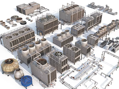 Large Scale Industrial Equipment With Cooling Towers Piping Systems And Metal Structure Units 3d model
