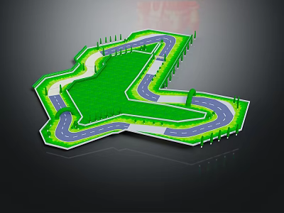 Car Racing Track Layout with Curved Roads Green Lawn and Lined Trees 3d model
