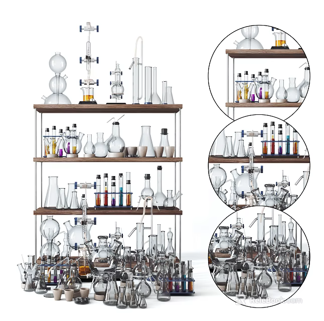 Various Laboratory Glassware Including Beakers Flasks And Test Tubes On Shelves 3d model