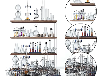 Various Laboratory Glassware Including Beakers Flasks And Test Tubes On Shelves 3d model