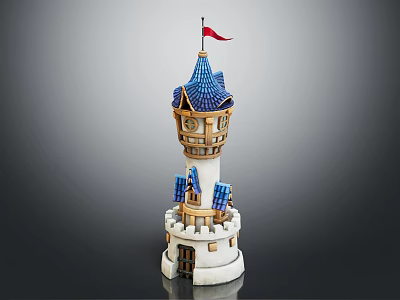 Ancient Architecture Tower with Blue Roof Red Flag White Walls and Decorative Design 3d model