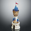 Ancient Architecture Tower with Blue Roof Red Flag White Walls and Decorative Design