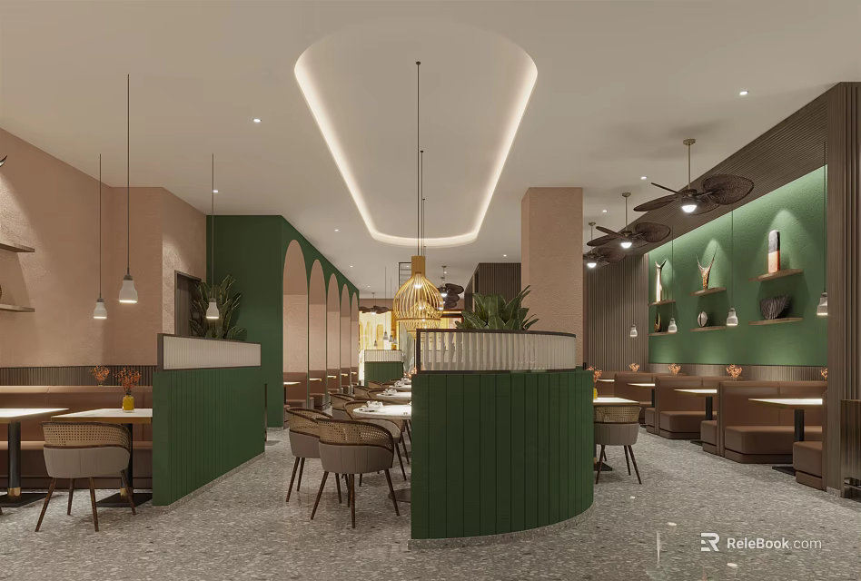 Modern Restaurant Interior With Green Partitions Arched Designs And Pendant Lights 3d model 