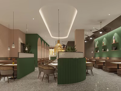 Modern Restaurant Interior With Green Partitions Arched Designs And Pendant Lights 3d model
