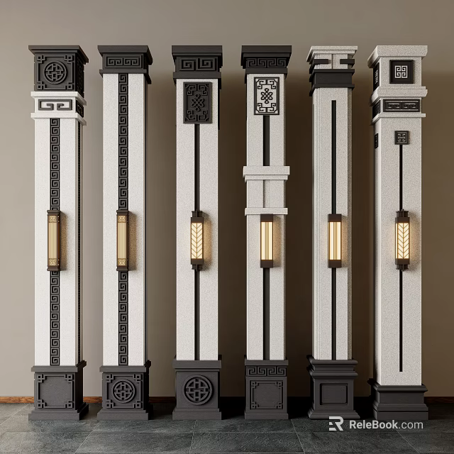 Chinese Style Decorative Columns With Traditional Patterns And Lanterns 3d model