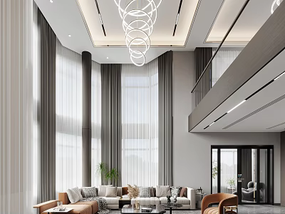 Modern Duplex Living Room Interior Design With High Ceiling Chandelier Large Windows And Curtains 3d model