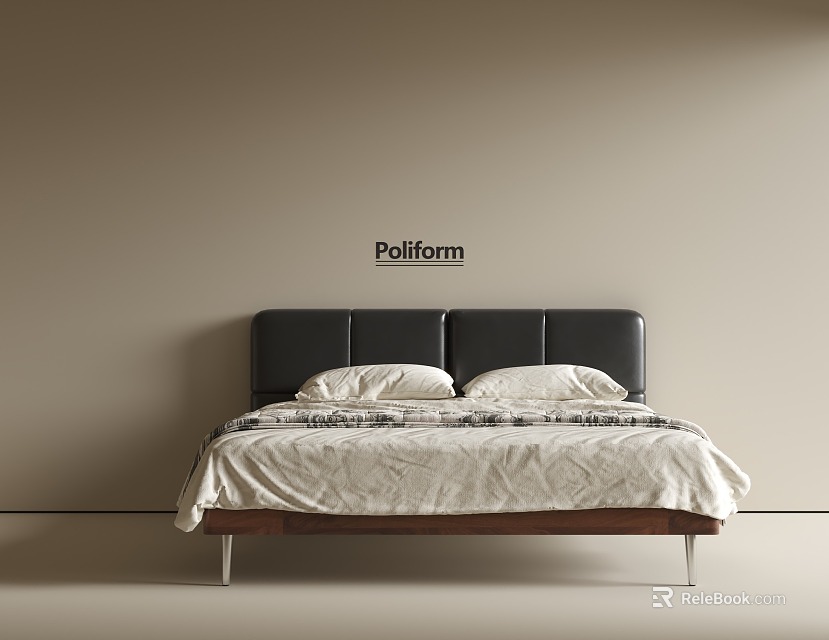 Minimalist Double Bed With Black Headboard White Bedspread Wooden Frame And Metal Legs 3d model 