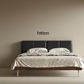 Minimalist Double Bed With Black Headboard White Bedspread Wooden Frame And Metal Legs