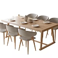 Modern Rectangular Wooden Dining Table and Chairs Set with Light Gray Fabric Seats and Tableware 3d model