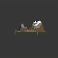 Cartoon Scenery Featuring Castle Village Red Roofs Green Grass And Snowy Mountains