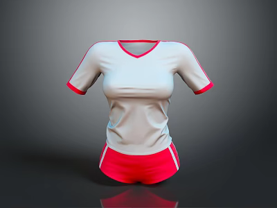 White Short Sleeve Top With Red Neckline Cuffs And Red Shorts Outfit 3d model