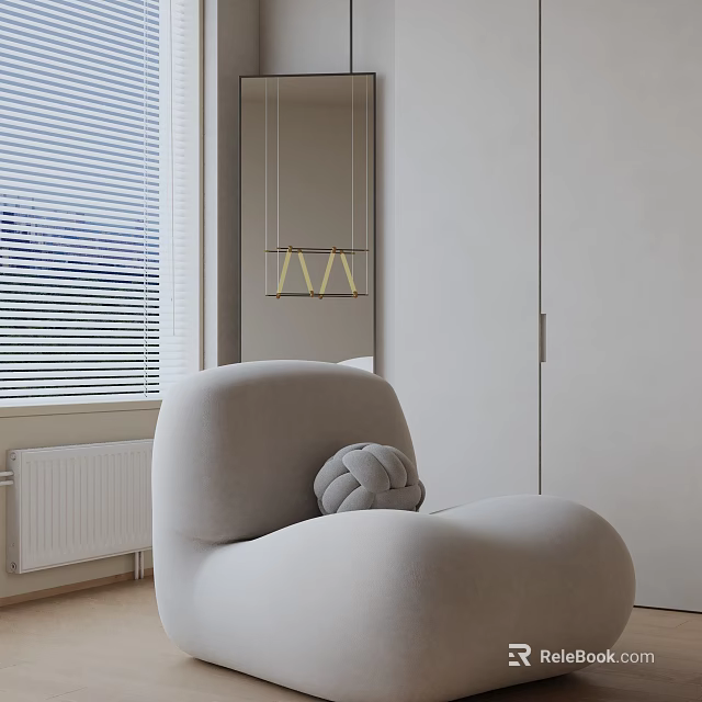 Plush Gray Lounge Chair In Modern Interior With Window Blinds Hanging Light And Mirror 3d model 