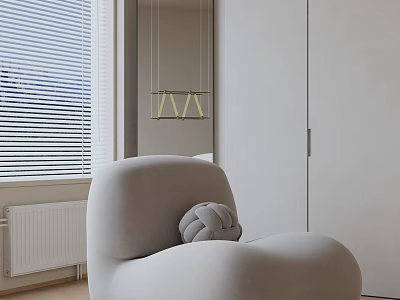 Plush Gray Lounge Chair In Modern Interior With Window Blinds Hanging Light And Mirror 3d model