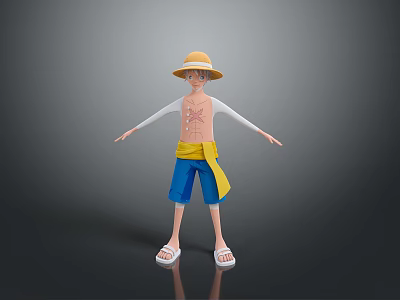 3D Animated Character Wearing Straw Hat Pink Top Yellow Sash Blue Shorts And White Sandals 3d model