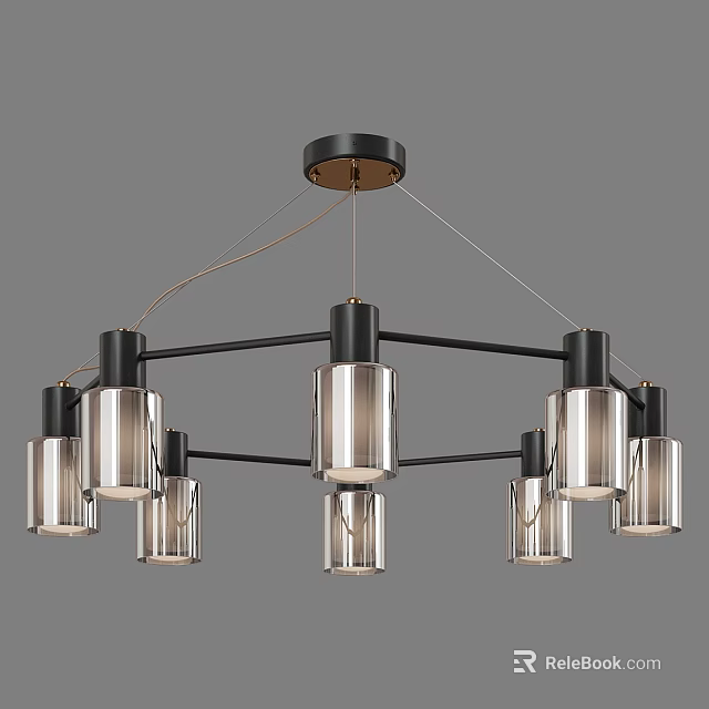 Modern Chandelier With Black Metal Frame And Clear Glass Shades Multiple Lights Design 3d model 