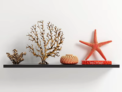 Golden Coral and Red Starfish Decorative Ornament Set with Textured Container on Shelf 3d model