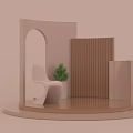 Modern Window Display With Circular Platform White Chair Green Plant Wooden Panels And Arched Elements
