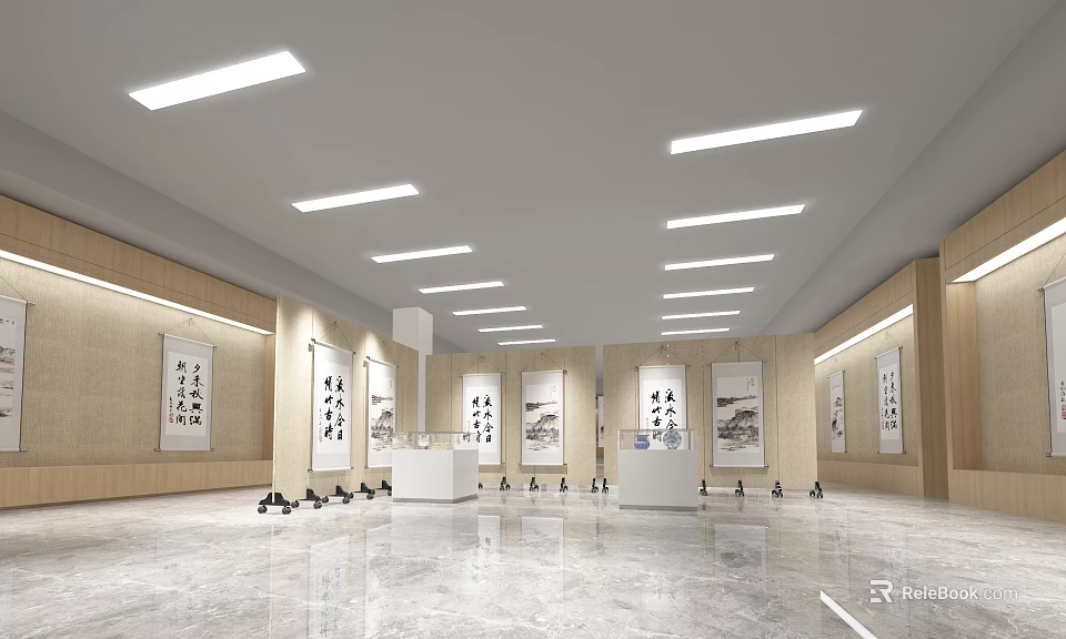 Modern Cultural Center Interior With Calligraphy Paintings Exhibition Stands Ceiling Lighting And Marble Floor 3d model 