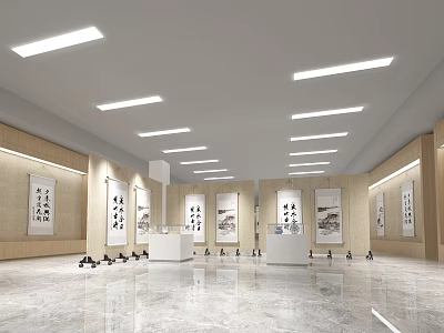Modern Cultural Center Interior With Calligraphy Paintings Exhibition Stands Ceiling Lighting And Marble Floor 3d model