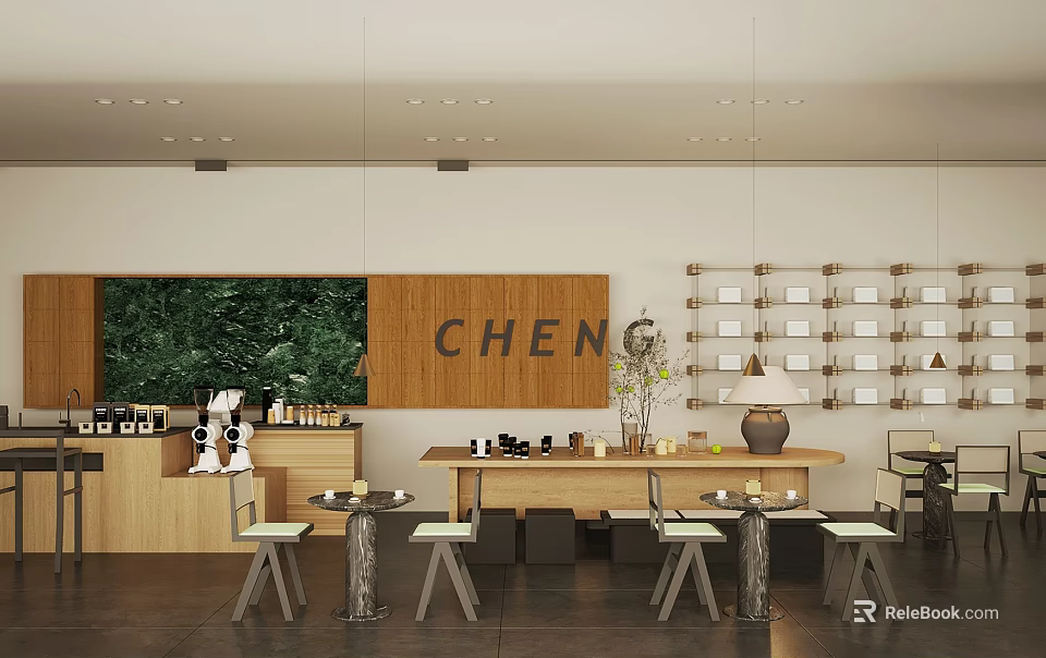 Modern Warm Wooden Sales Office With Cozy Casual Negotiation Lounge And Fully Functional Coffee Corner 3d model 