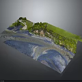 Detailed Terrain Model with Water Bodies Green Vegetation Pathways and Sandy Shores