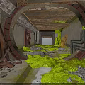 Abandoned Tunnel Interior With Round Metal Frame Exposed Beams Damaged Walls And Mossy Debris