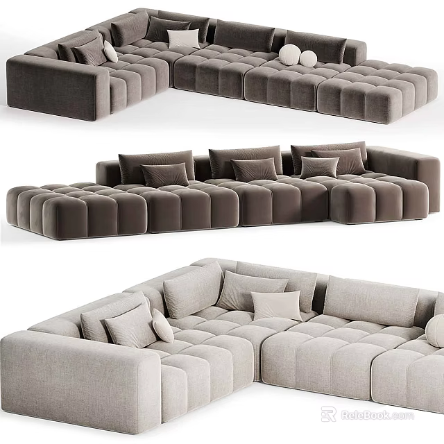 Modern Tufted Sectional Sofa With Plush Cushions And Modular Grey Beige Design 3d model 