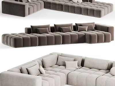 Modern Tufted Sectional Sofa With Plush Cushions And Modular Grey Beige Design 3d model