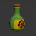 Green Glass Bottle With Wooden Cork And Yellow Label Featuring Red Decorative Design