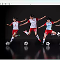 Women Soccer Players Jumping In Red White Jerseys With Soccer Balls On Black Background