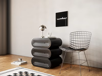 Modern Black Nightstand With Drawers Metal Chair And Table Lamp Bedroom Decor 3d model