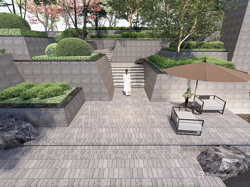 Scenic Park Landscape With Stone Steps Green Shrubs Brick Pavement And Outdoor Seating 3d model 