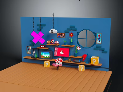 Cartoon Scene with Blue Background Hanging Chains Mushroom Decorations Round Window Posters Shelves Yellow Blocks 3d model