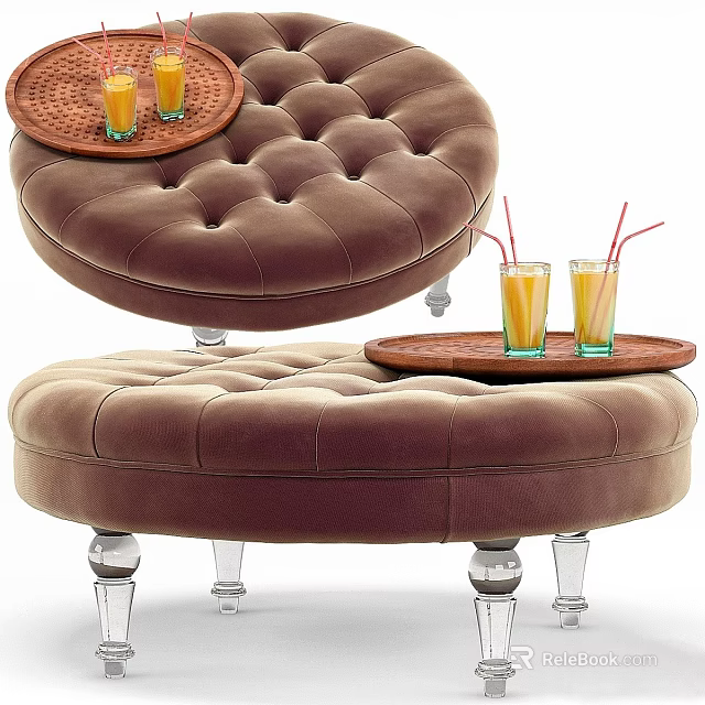 Brown Tufted Ottoman With Clear Legs And Tray Holding Drinks Glasses 3d model 